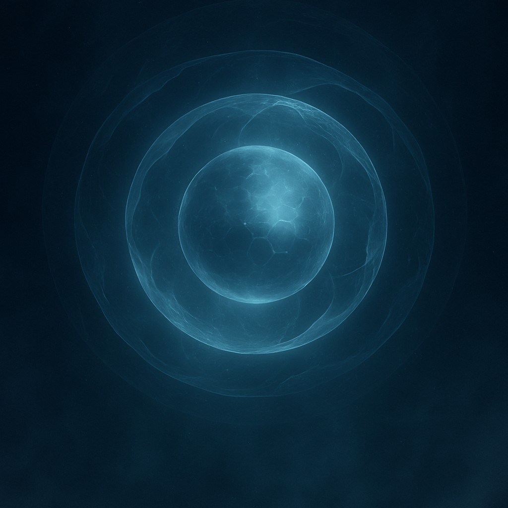 Abstract glowing protective sphere on a midnight gradient background.